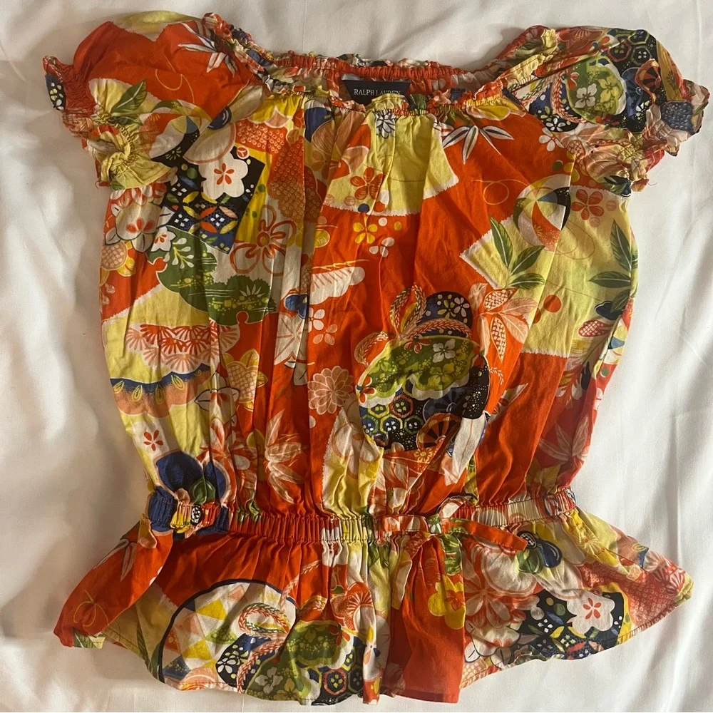 Ralph Lauren Kids Orange Floral Short Sleeve Peplum Cotton‎ Top Sz 3T